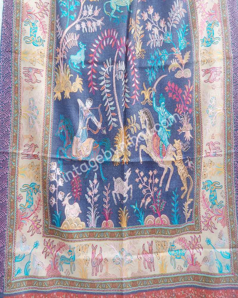 Exclusive Pure Pashmina Kalamkari Embroidered Hand Painted Hunting Scene Shawl 